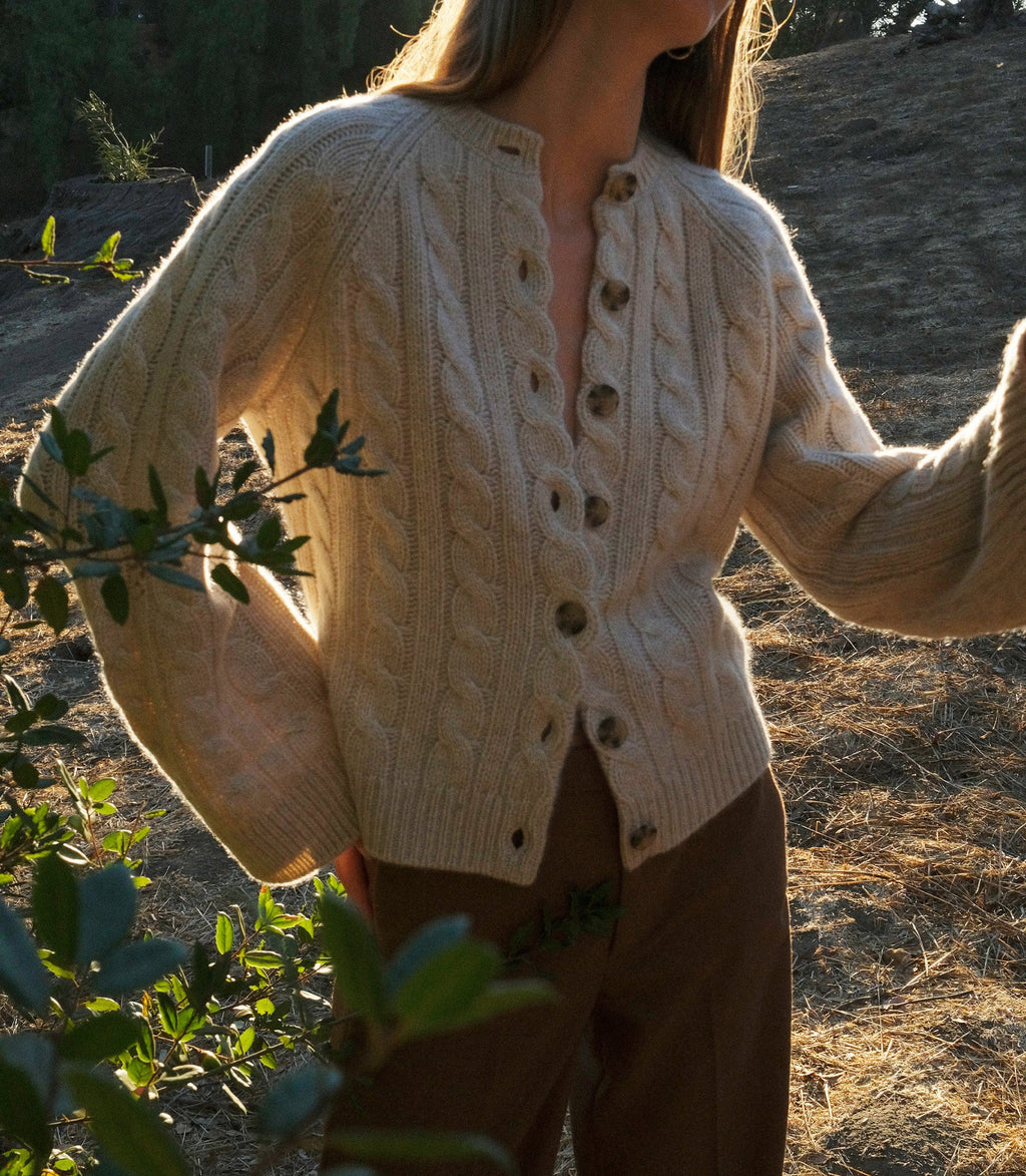 Cloud-Soft 100% Cashmere Cable Knit Cardigan, Relaxed Fit, Faux Horn Buttons