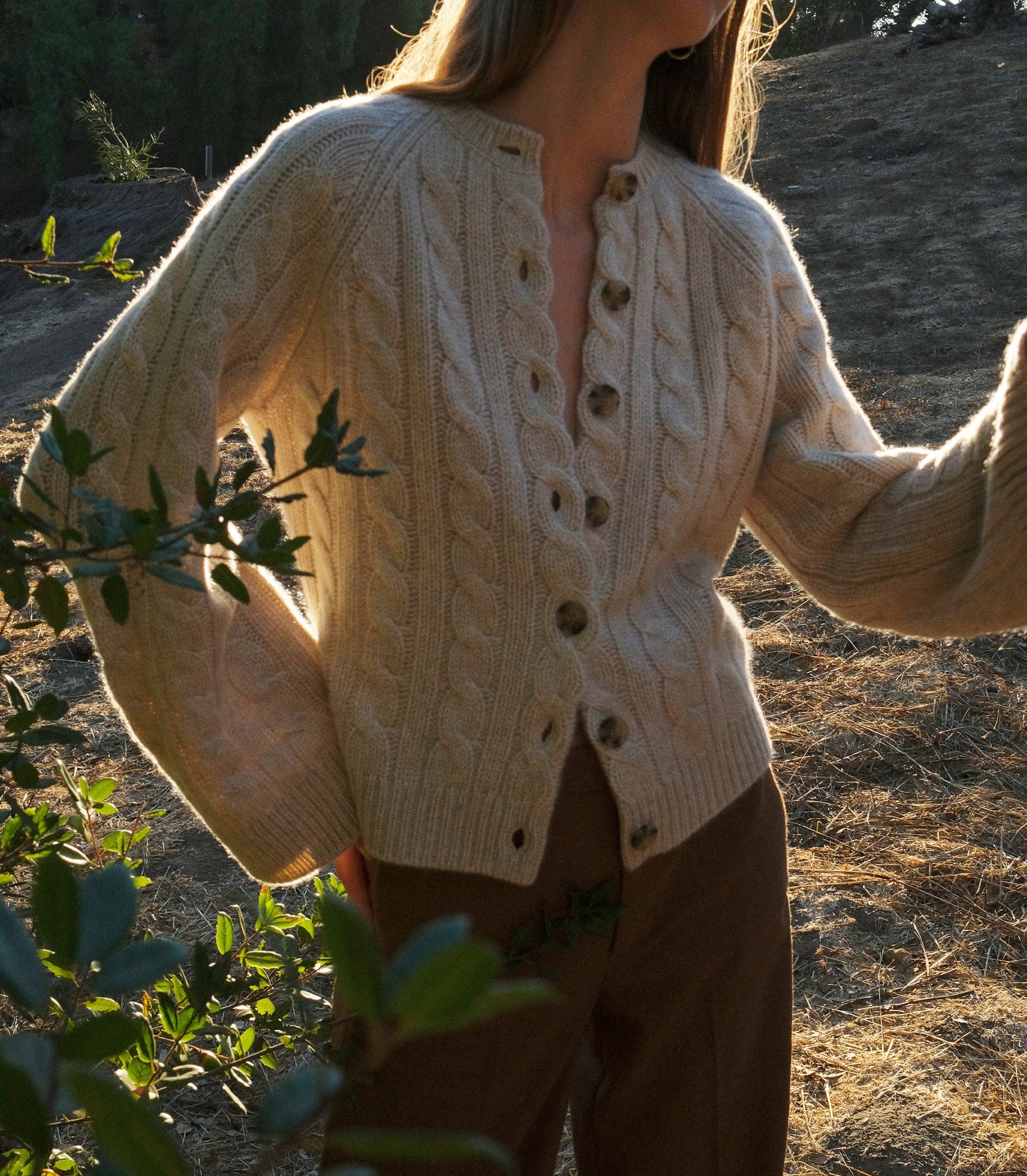 Cloud-Soft 100% Cashmere Cable Knit Cardigan, Relaxed Fit, Faux Horn Buttons