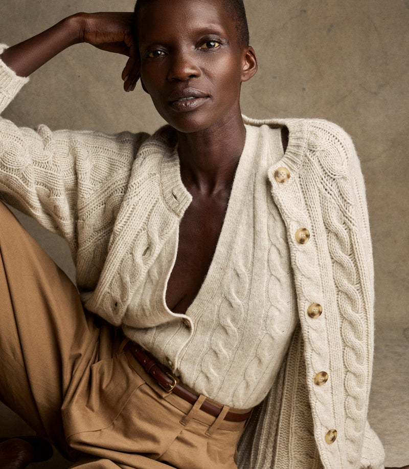 Cloud-Soft 100% Cashmere Cable Knit Cardigan, Relaxed Fit, Faux Horn Buttons