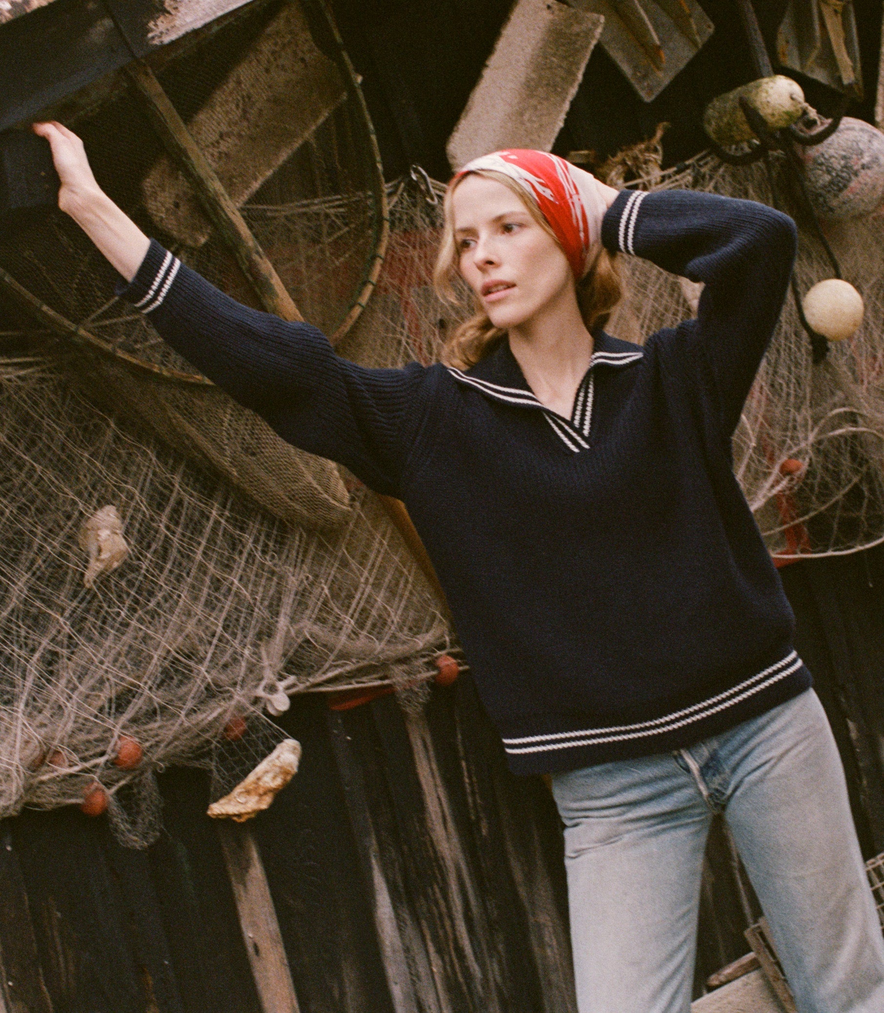 DOEN Voyage Deep Navy Organic Cotton Merino Wool Ribbed Sailor Collar Knit Sweater