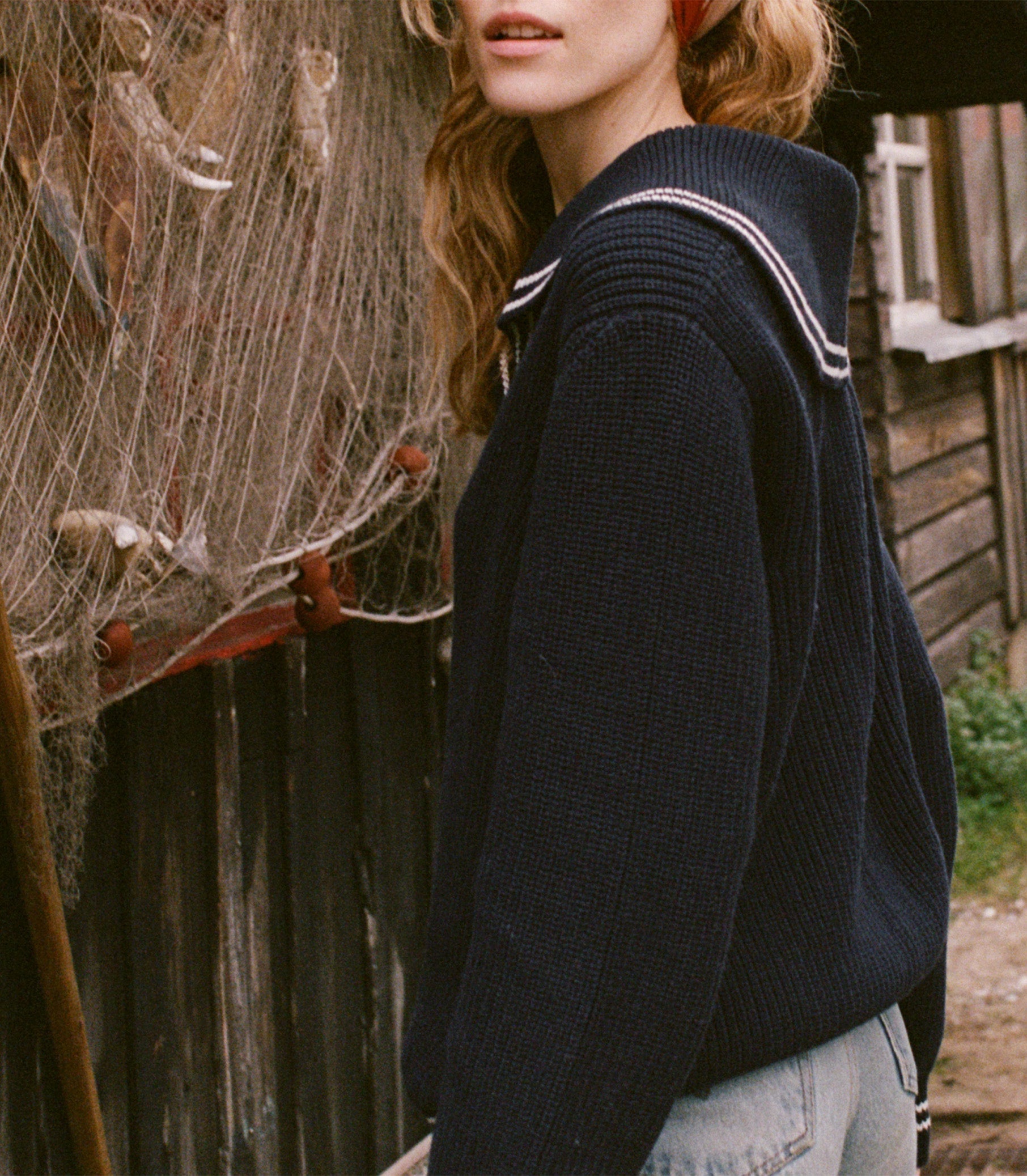 DOEN Voyage Deep Navy Organic Cotton Merino Wool Ribbed Sailor Collar Knit Sweater