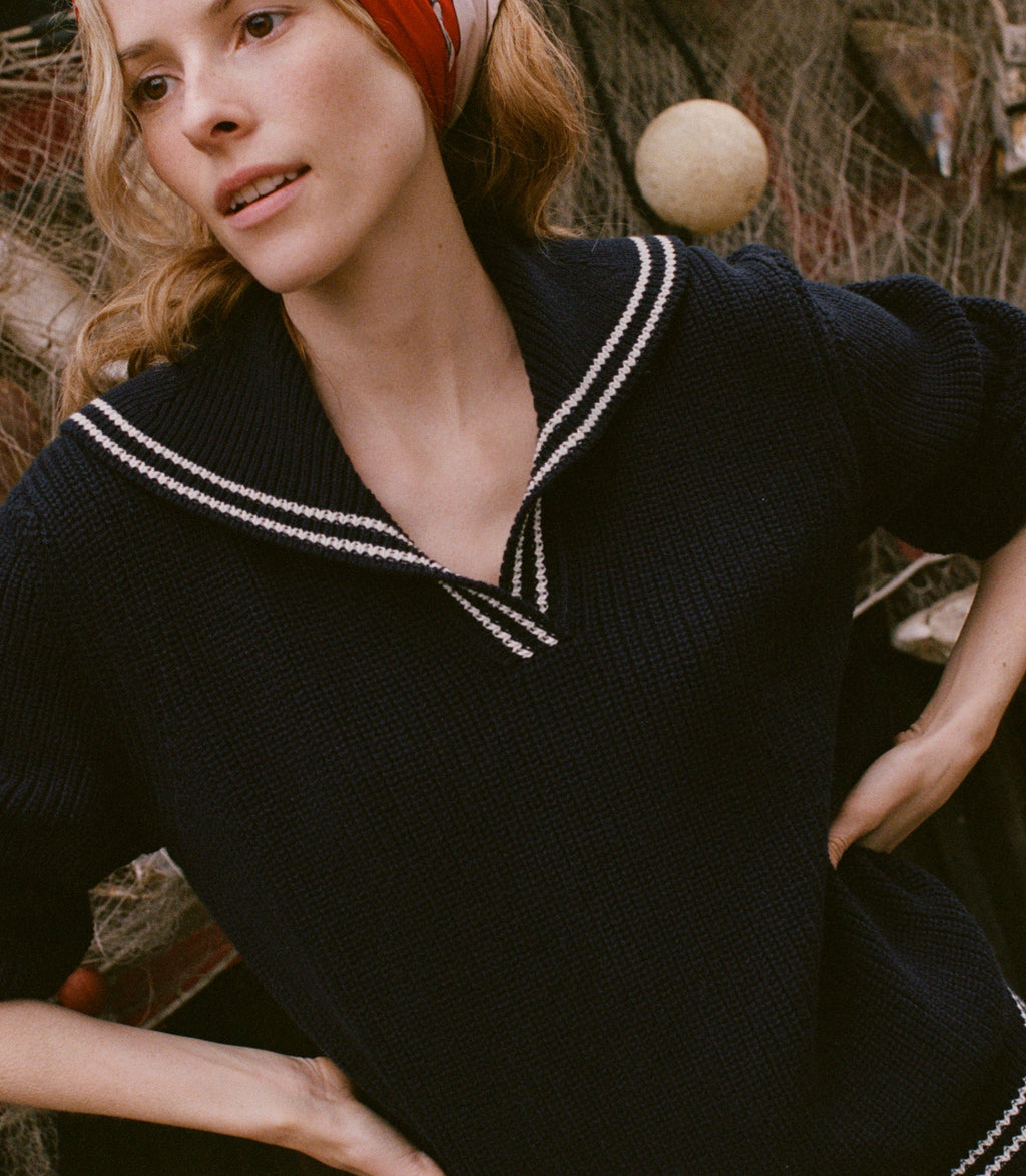 DOEN Voyage Deep Navy Organic Cotton Merino Wool Ribbed Sailor Collar Knit Sweater