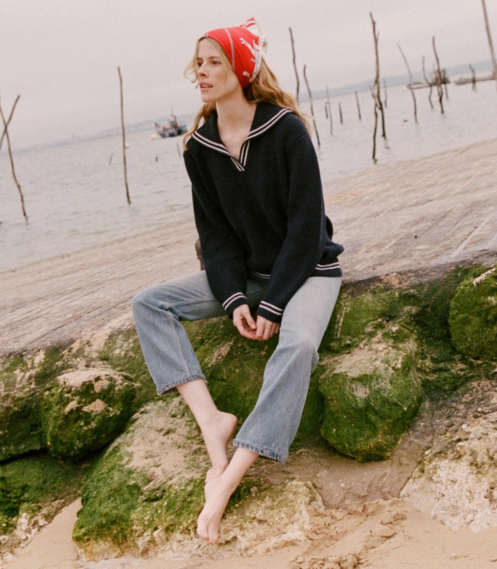 DOEN Voyage Deep Navy Organic Cotton Merino Wool Ribbed Sailor Collar Knit Sweater