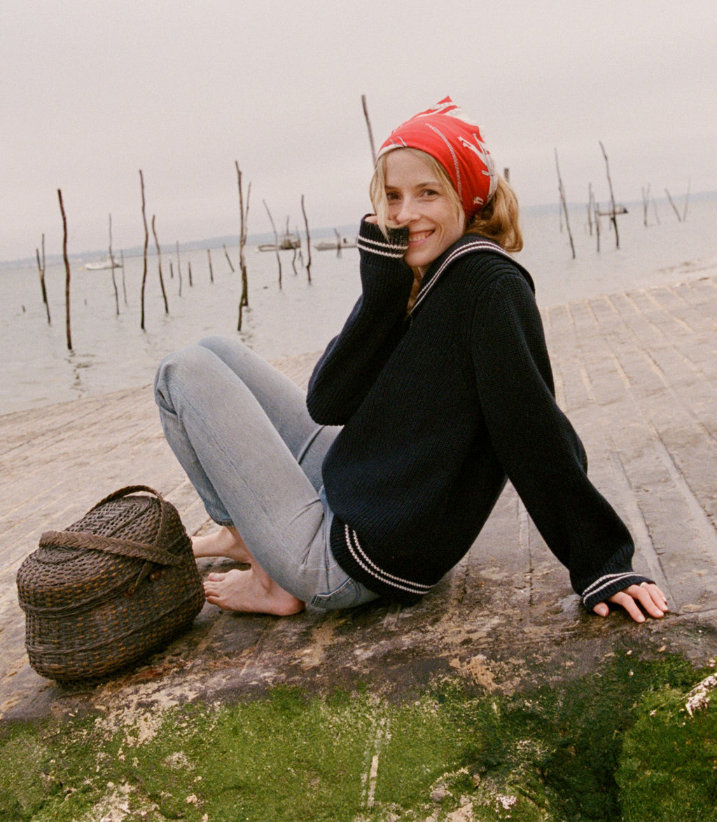 DOEN Voyage Deep Navy Organic Cotton Merino Wool Ribbed Sailor Collar Knit Sweater