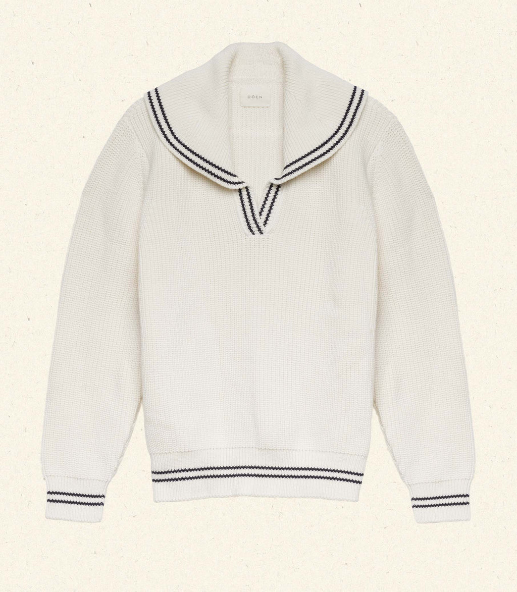 Ivory Voyage Sweater: Organic Cotton Merino Wool, Ribbed, Sailor Collar, Contrast Tipping