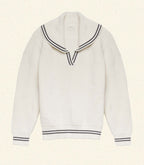 Ivory Voyage Sweater: Organic Cotton Merino Wool, Ribbed, Sailor Collar, Contrast Tipping