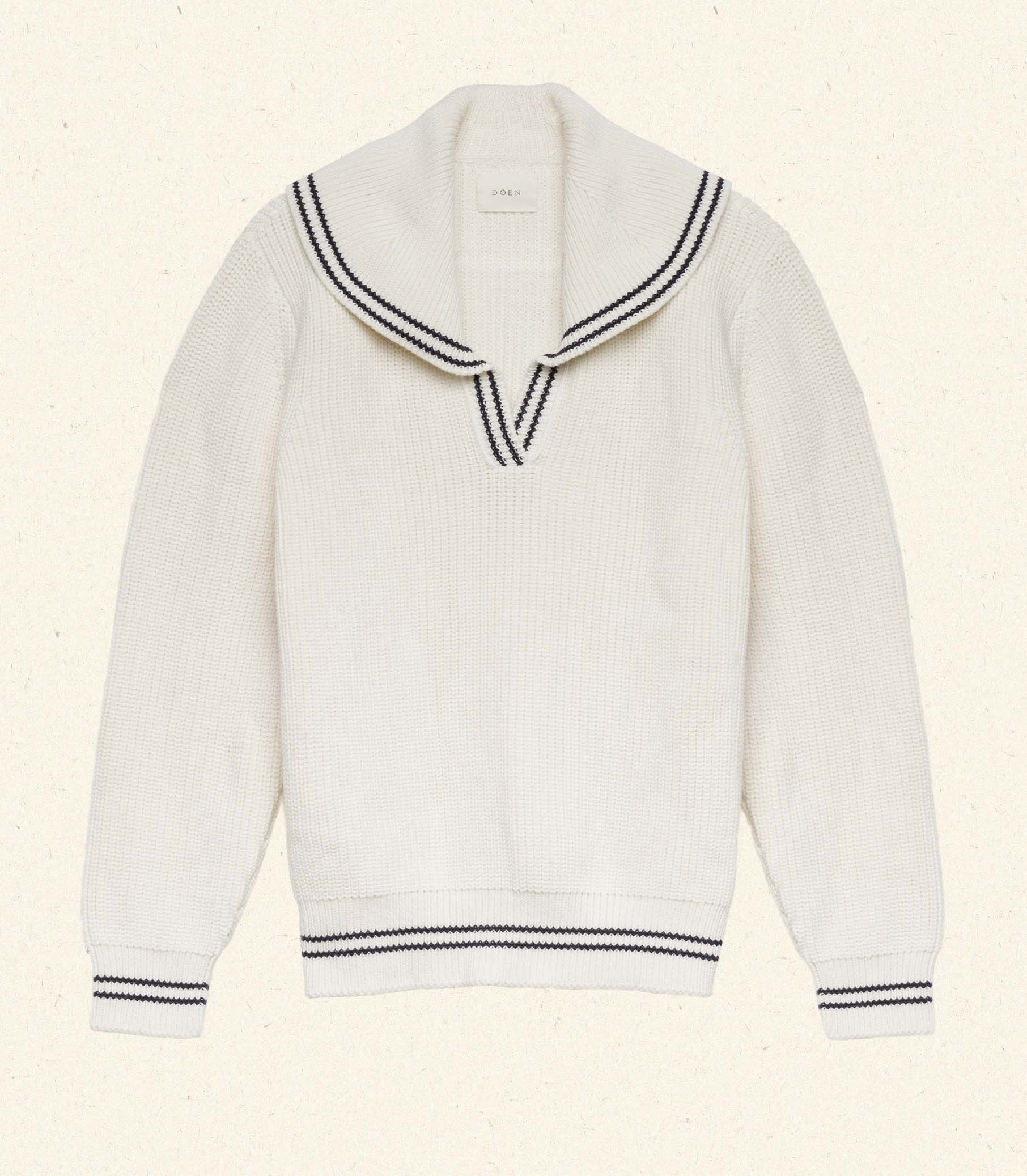 Ivory Voyage Sweater: Organic Cotton Merino Wool, Ribbed, Sailor Collar, Contrast Tipping