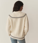 Ivory Voyage Sweater: Organic Cotton Merino Wool, Ribbed, Sailor Collar, Contrast Tipping