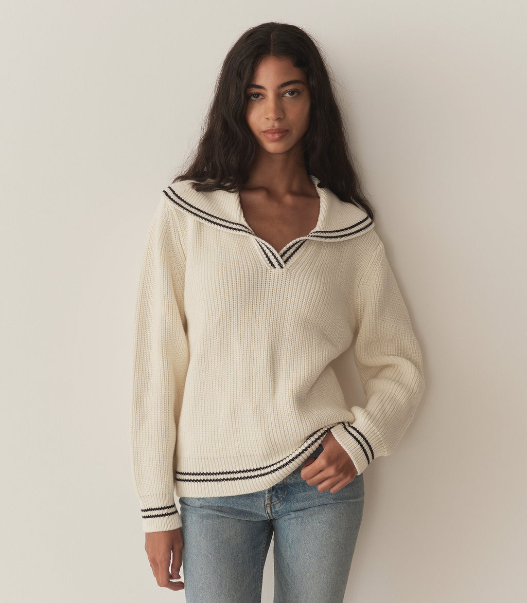 Ivory Voyage Sweater: Organic Cotton Merino Wool, Ribbed, Sailor Collar, Contrast Tipping