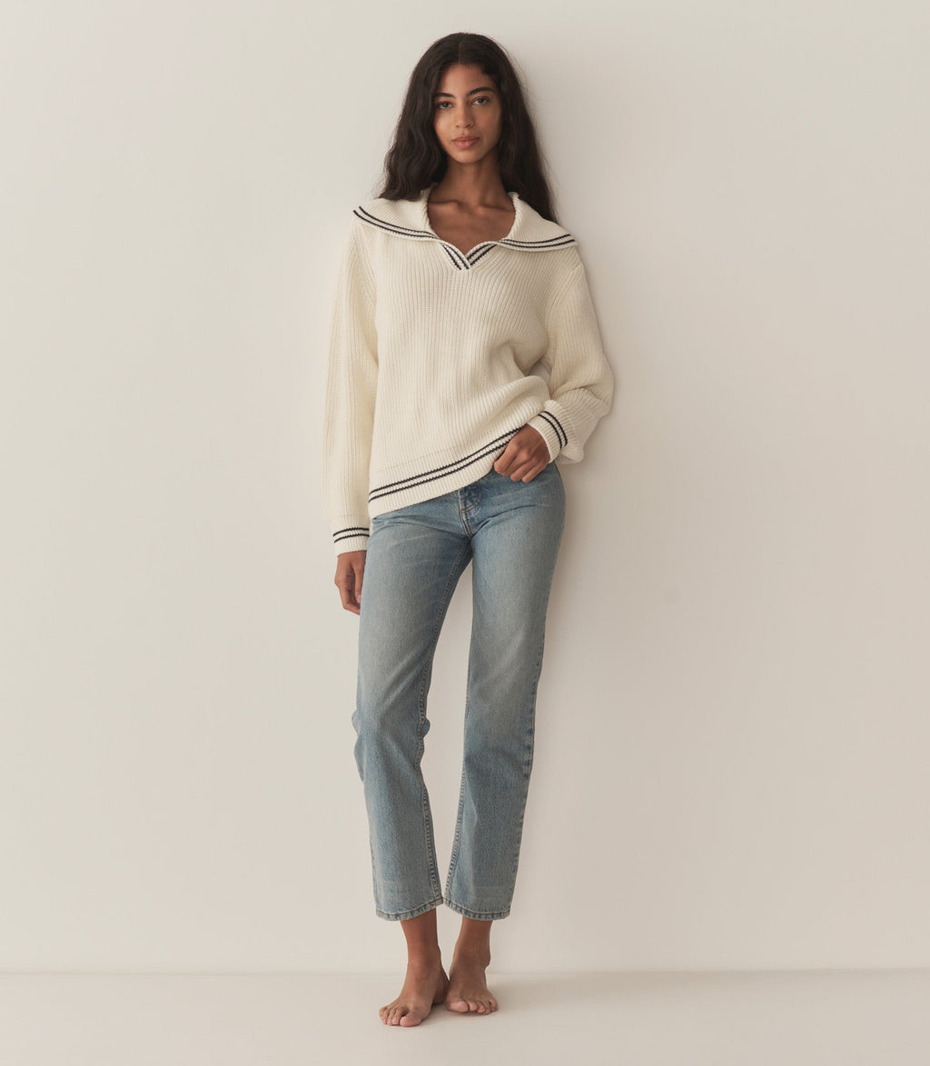 Ivory Voyage Sweater: Organic Cotton Merino Wool, Ribbed, Sailor Collar, Contrast Tipping