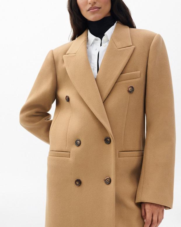 Elegant Camel Italian Wool Double-Breasted Long Coat with Peak Lapel