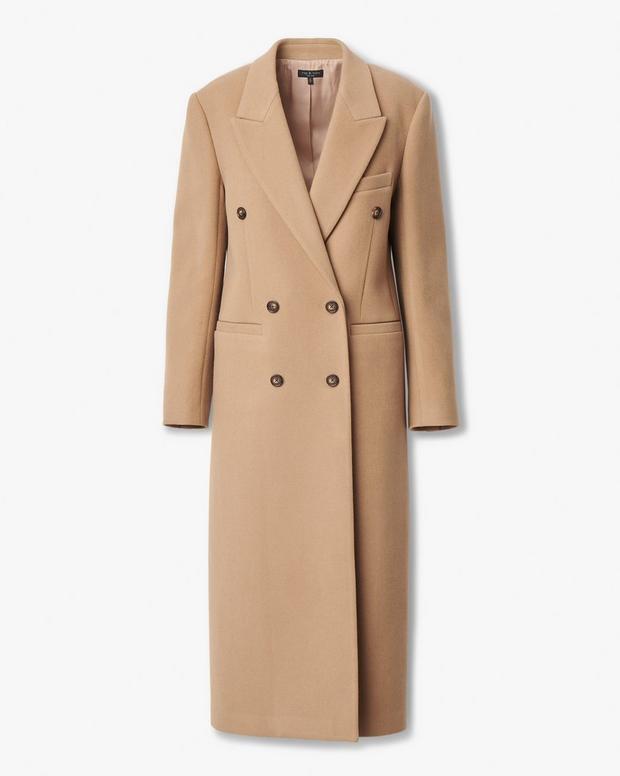Elegant Camel Italian Wool Double-Breasted Long Coat with Peak Lapel