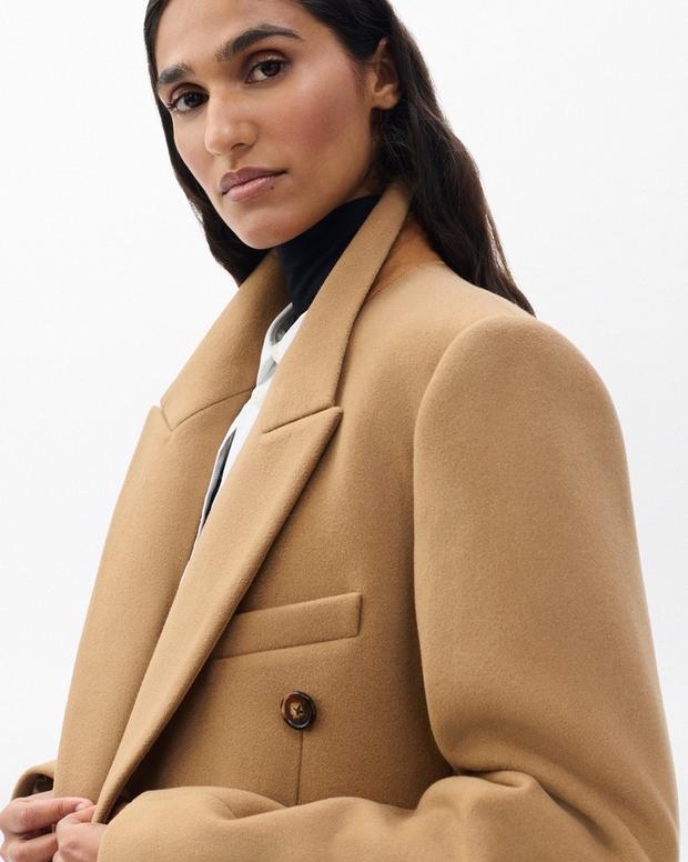 Elegant Camel Italian Wool Double-Breasted Long Coat with Peak Lapel