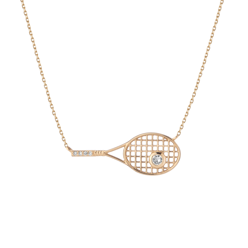 Sparkling Lab Grown White Sapphire Tennis Racket Necklace; Gold Vermeil Chain; 18-inch