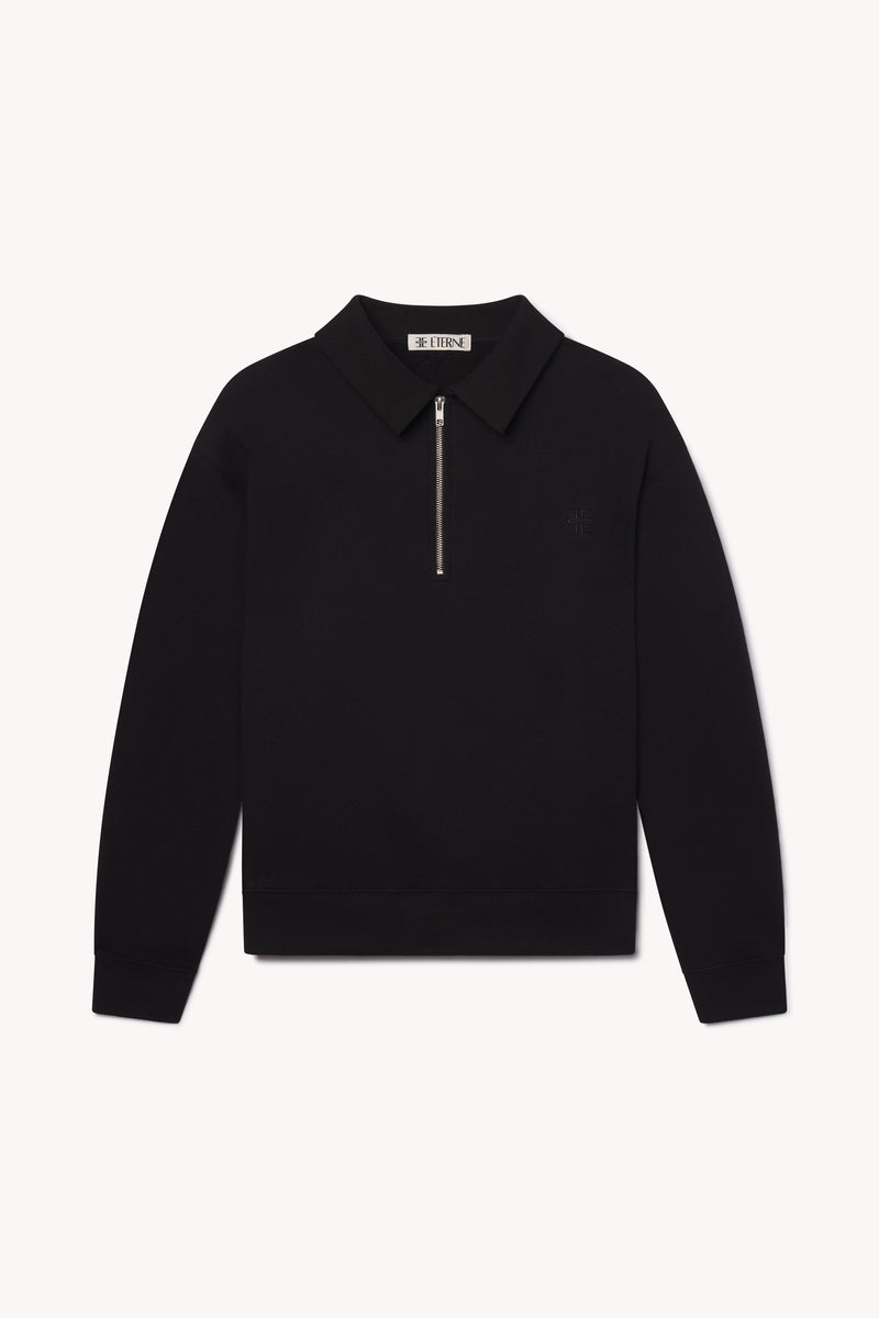 ÉTERNE Black French Terry Half-Zip Polo Sweatshirt for Relaxed Everyday Style