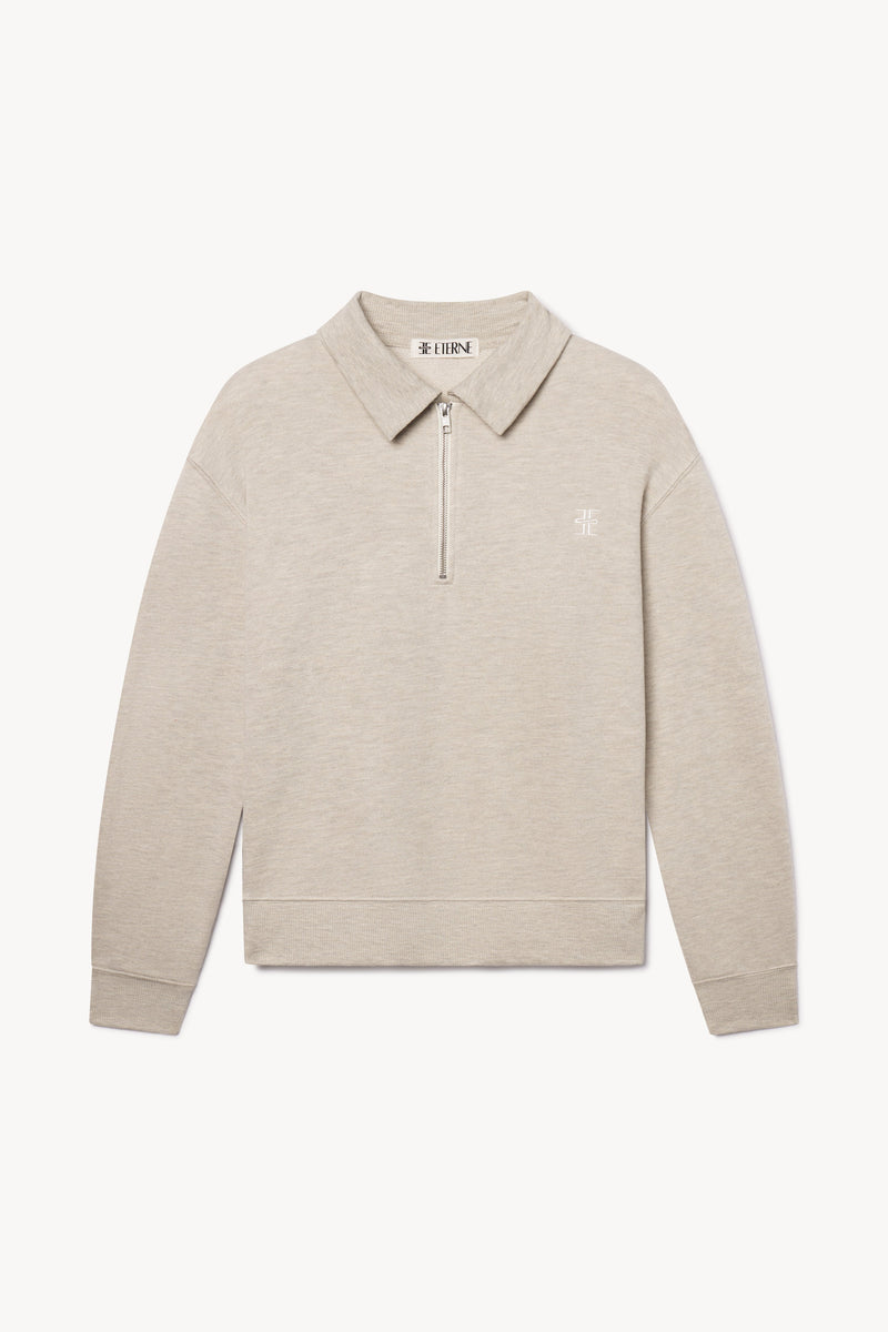Cozy Heather Oatmeal French Terry Zip-Up Polo Sweatshirt for Everyday Comfort