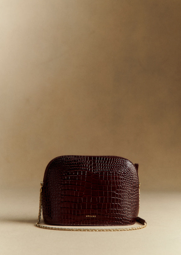 Chic Half-Moon Black Crocodile Embossed Leather Victor Bag Gold Chain Handle