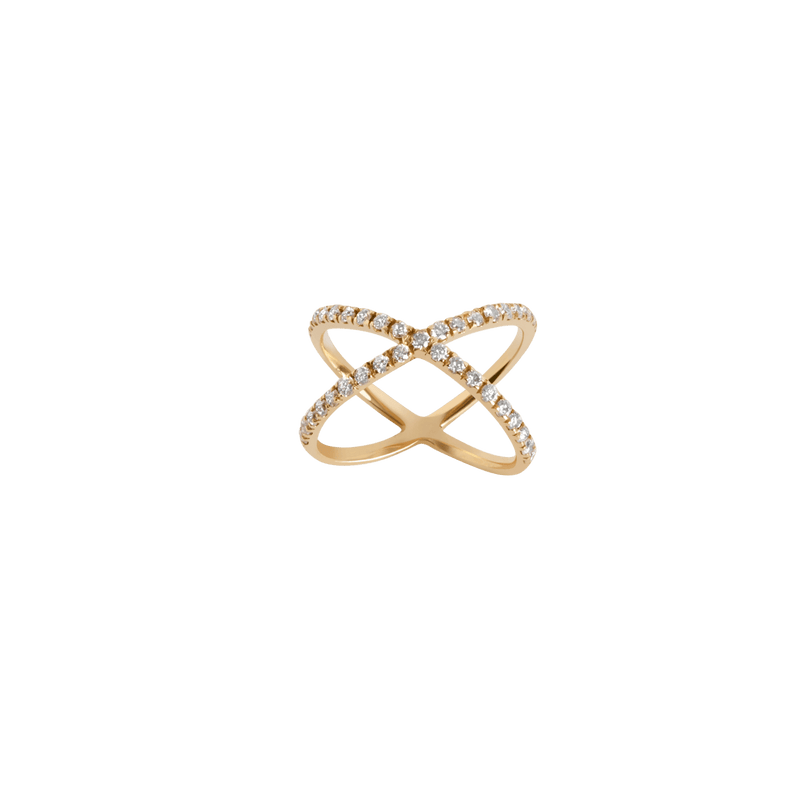 Elegant Diamond X Ring: Luxurious Gold Band with 37 Sparkling Pave Diamonds
