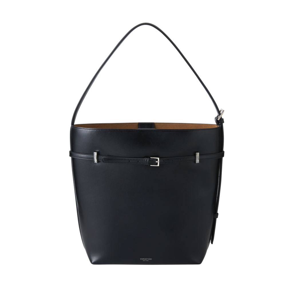 Chic Black Waxy Leather Belted Tote Bag, Versatile Shoulder Carry