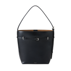 Chic Black Waxy Leather Belted Tote Bag, Versatile Shoulder Carry