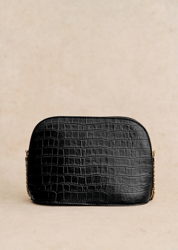 Chic Half-Moon Black Crocodile Embossed Leather Victor Bag Gold Chain Handle