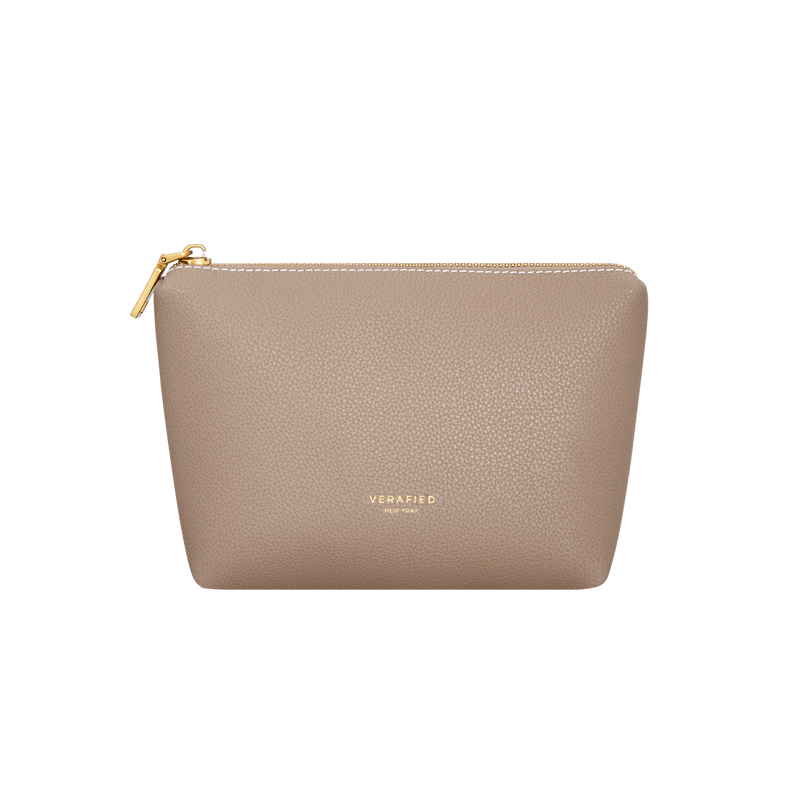 Luxury Etoupe Calf Leather Makeup Pouch Travel Bag Organizer with Gold Zipper