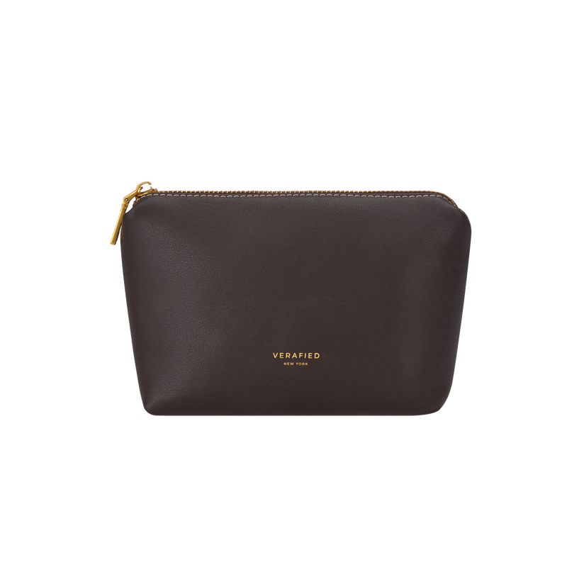 Premium Espresso Calf Leather Makeup Pouch: Chic, Compact, & Versatile Travel Organizer