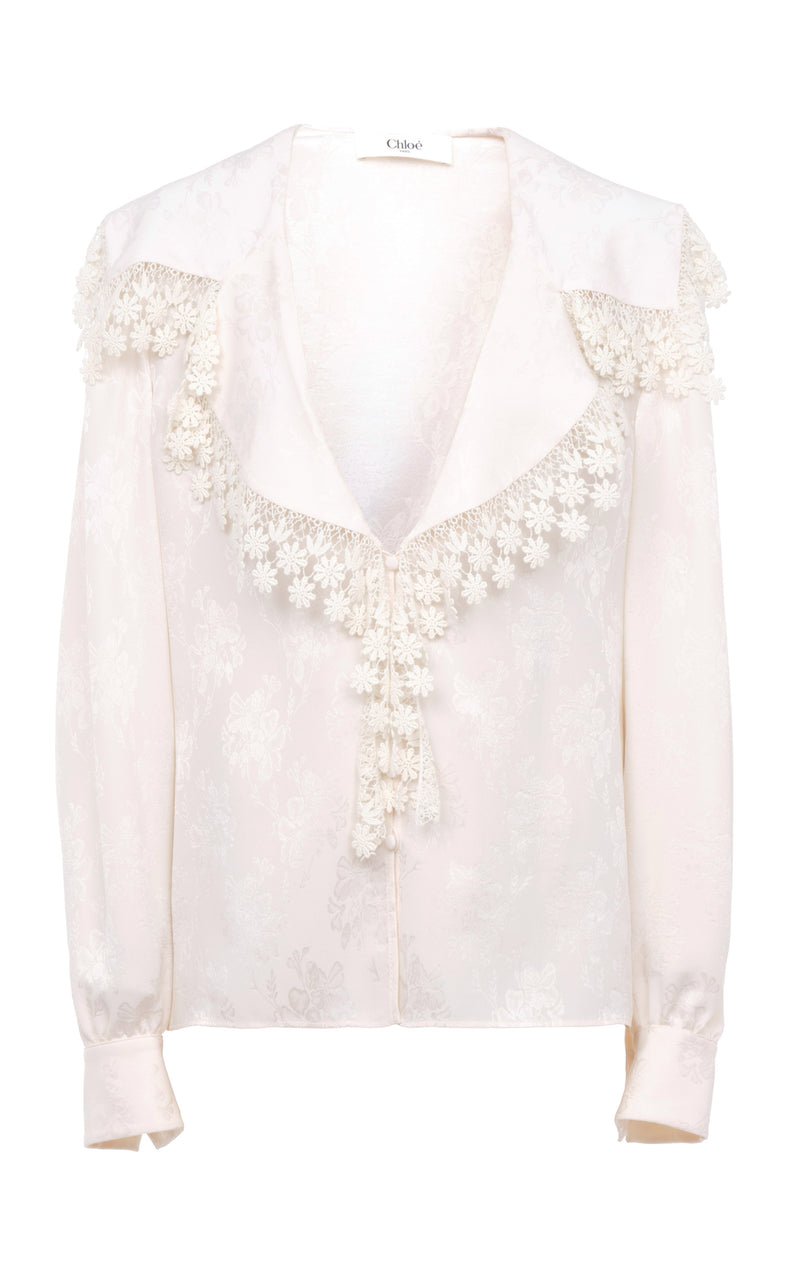 Chloé Elegant Ruffled Organic Silk-Jacquard Top: Luxurious Floral Blouse in Iconic Milk