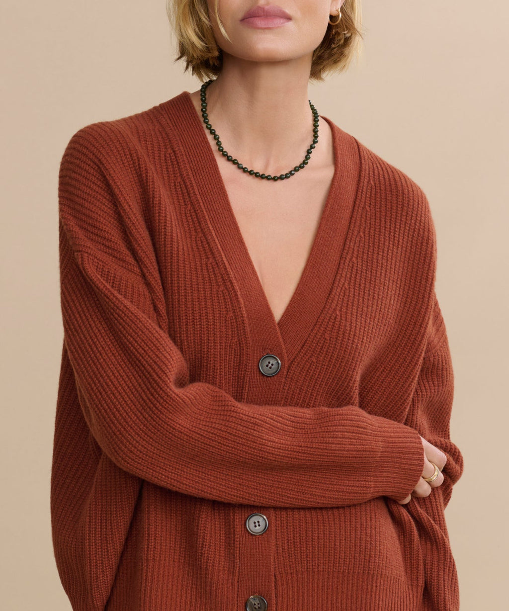 Luxurious Rust Cashmere Cropped Cocoon Cardigan for Effortless Style & Comfort