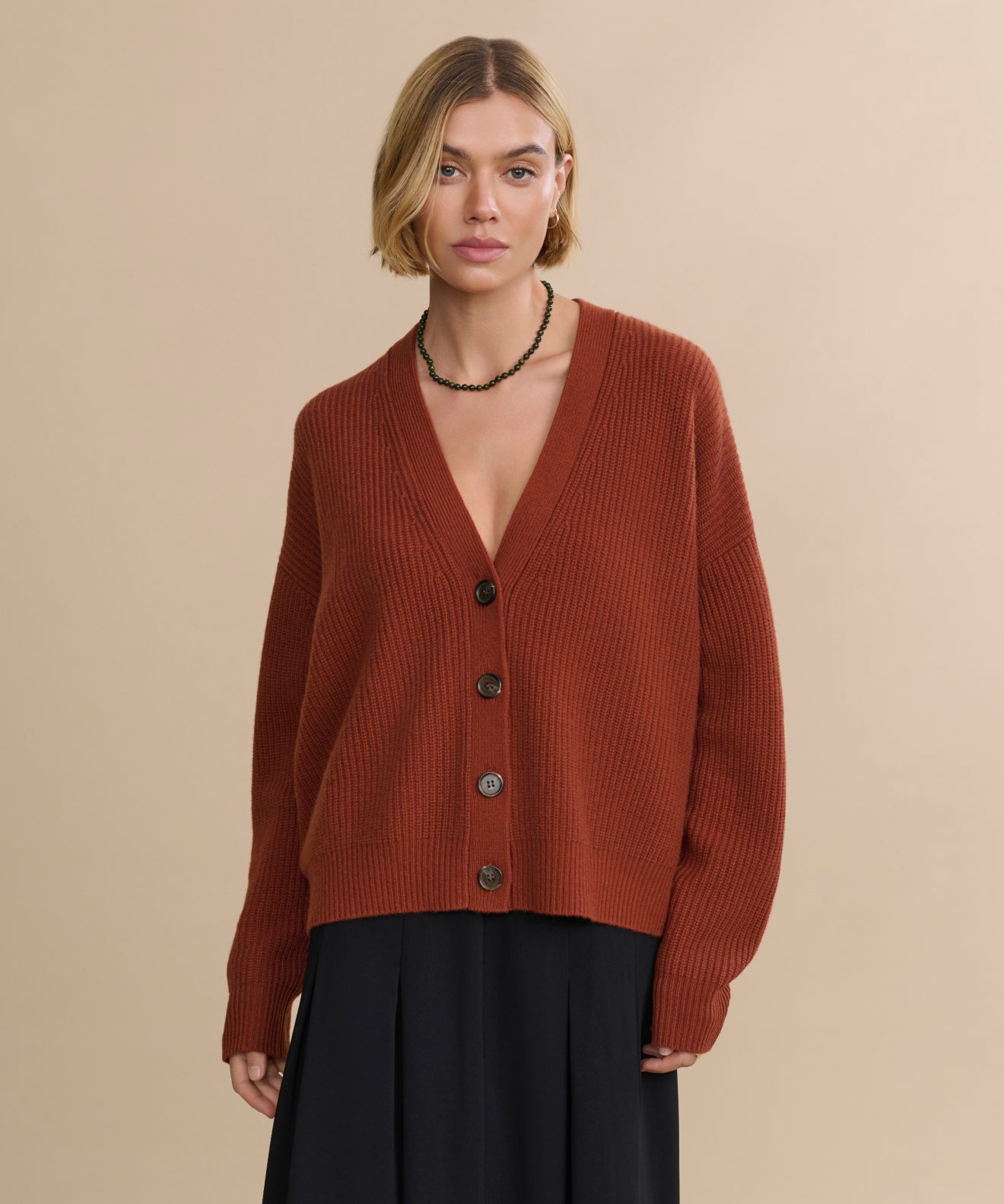 Luxurious Rust Cashmere Cropped Cocoon Cardigan for Effortless Style & Comfort