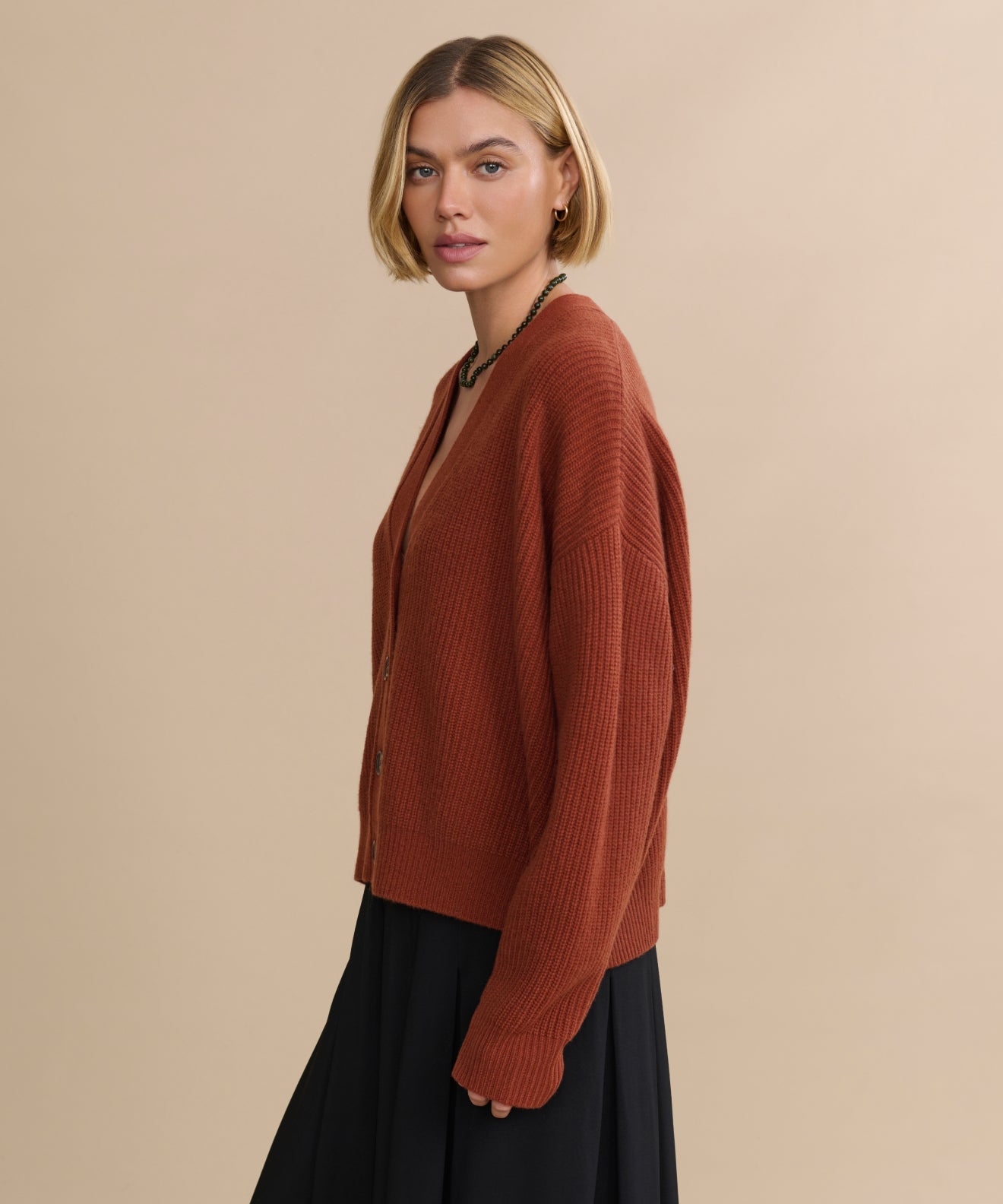 Luxurious Rust Cashmere Cropped Cocoon Cardigan for Effortless Style & Comfort