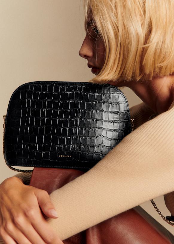 Chic Half-Moon Black Crocodile Embossed Leather Victor Bag Gold Chain Handle