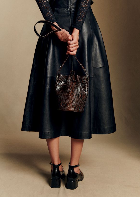 Chic Sezane Farrow Mini Bag: Chocolate Crocodile Print Bovine Leather Crossbody