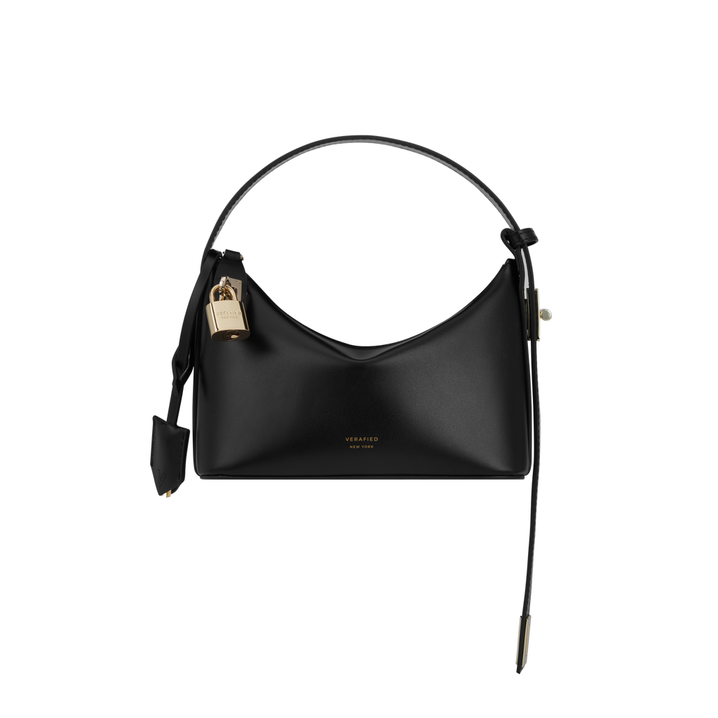 Chic Mini Black Leather Hobo Shoulder Bag with Gold Hardware, Versatile Style