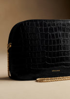 Chic Half-Moon Black Crocodile Embossed Leather Victor Bag Gold Chain Handle