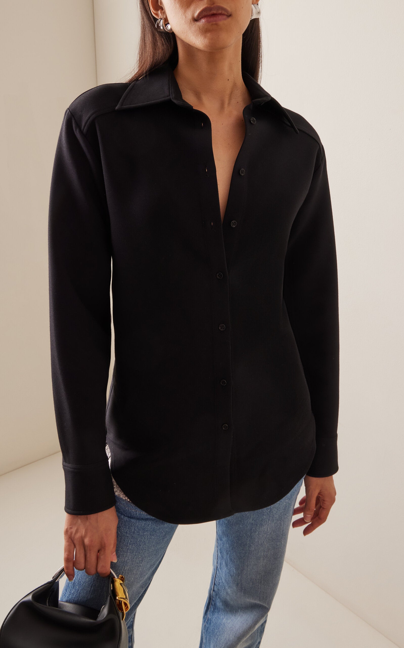 Brandon Maxwell Vince Black Western-Yoked Wool-Silk Crepe Button-Front Shirt