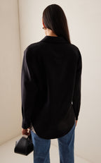 Brandon Maxwell Vince Black Western-Yoked Wool-Silk Crepe Button-Front Shirt