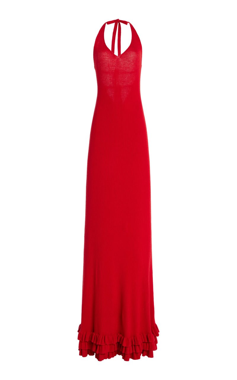 Exclusive Brandon Maxwell Brighton Ruffled Cashmere Halter Maxi Dress Red