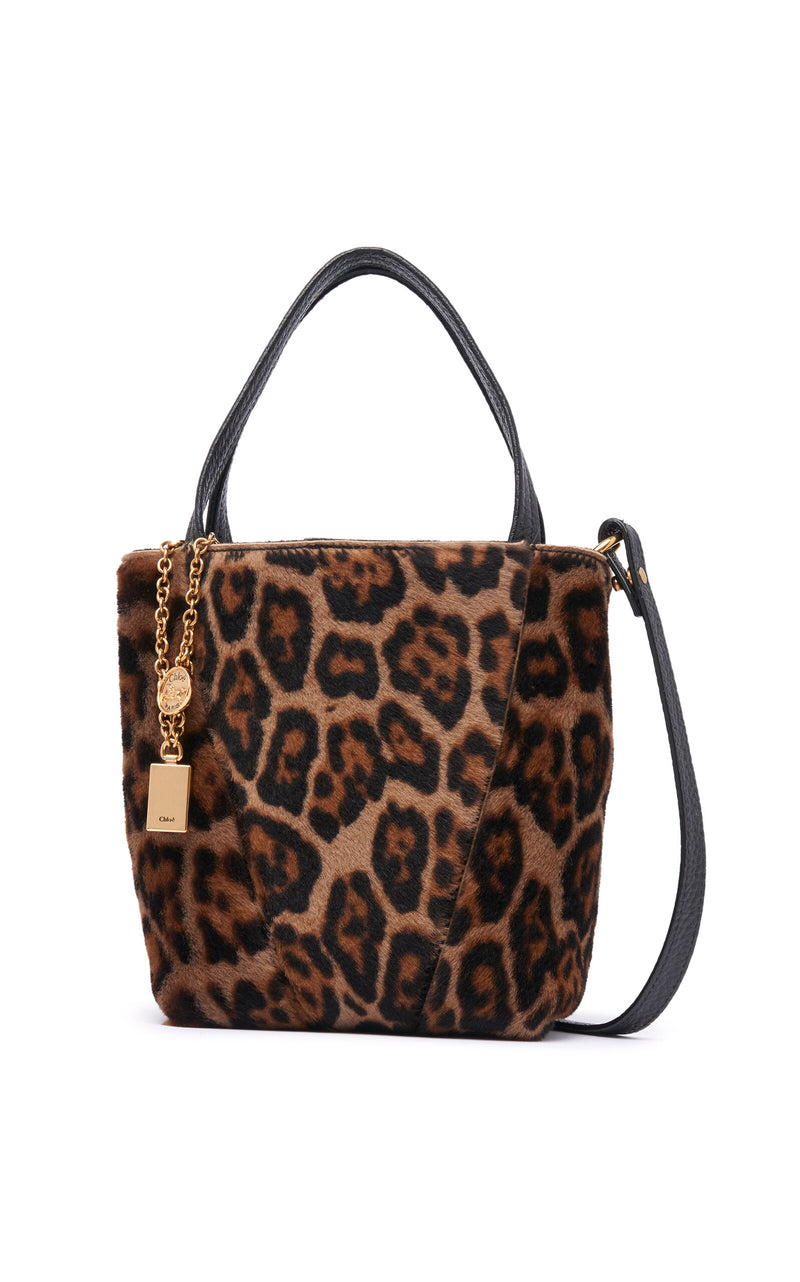Chloé Spin Small Leopard Print Shearling Bucket Bag with Cinch Top