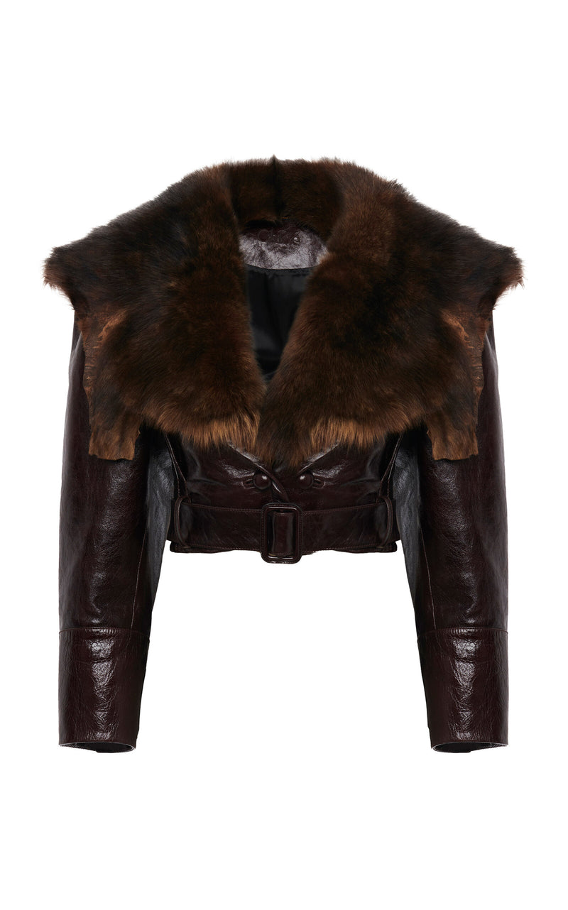 Chloé Women's Cropped Shearling-Trimmed Brown Calfskin Leather Jacket