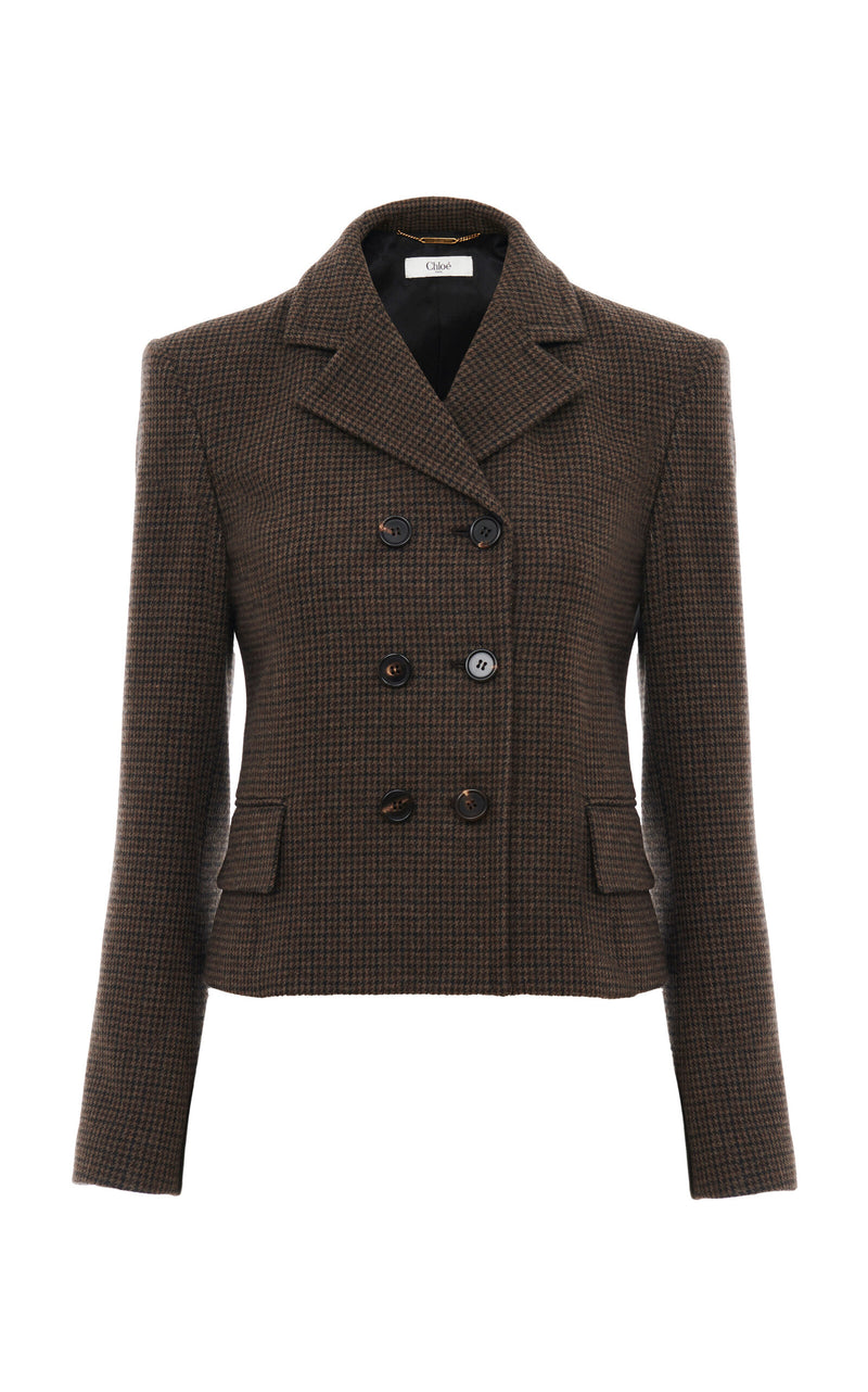 Chloé Luxurious Brown Wool Houndstooth Double-Breasted Blazer Jacket for Women