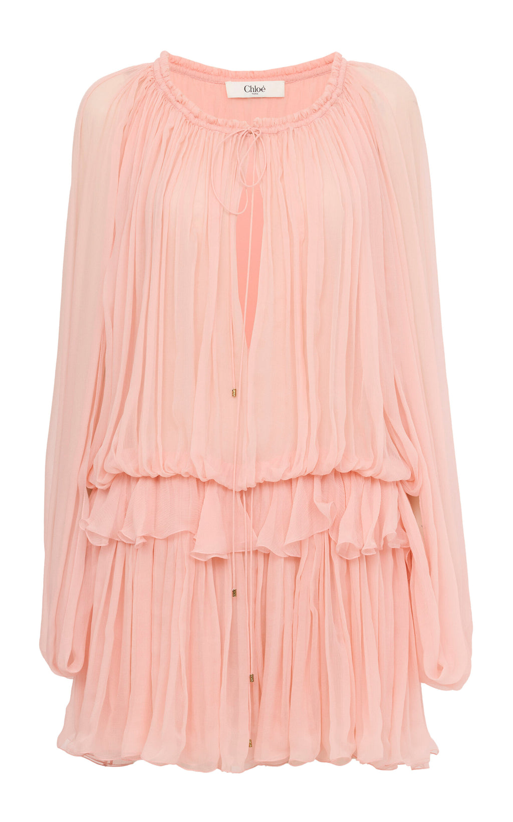 Chic Chloé Pink Organic Silk Mousseline Tiered Mini Dress for Resorts