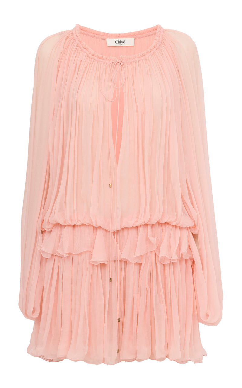 Chic Chloé Pink Organic Silk Mousseline Tiered Mini Dress for Resorts