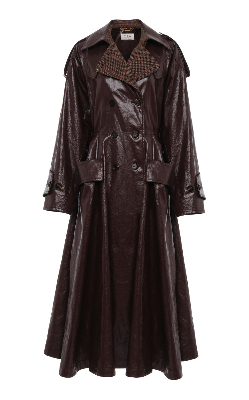 Chloé Women's Elegant Deep Purple Coated Linen Double-Breasted Maxi Riding Coat