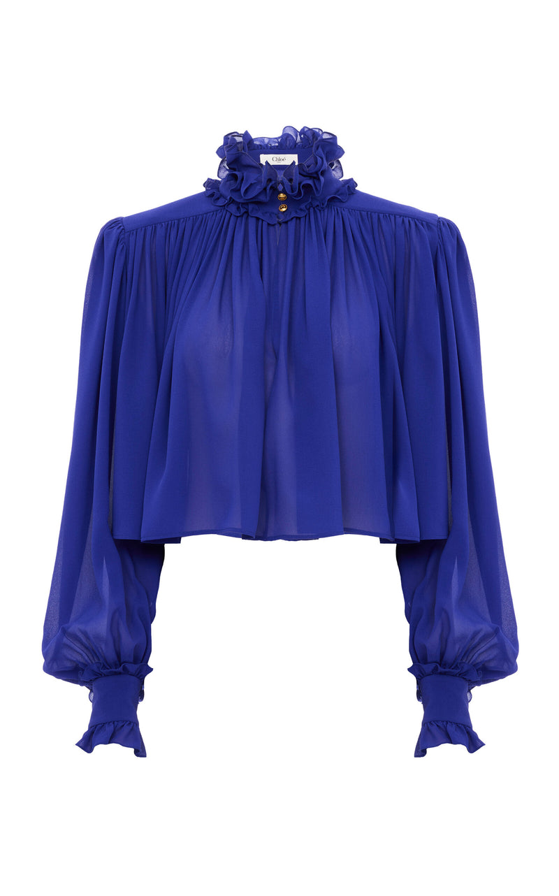 Chloé Draped Organic Silk Georgette Cropped Top with Billowing Sleeves