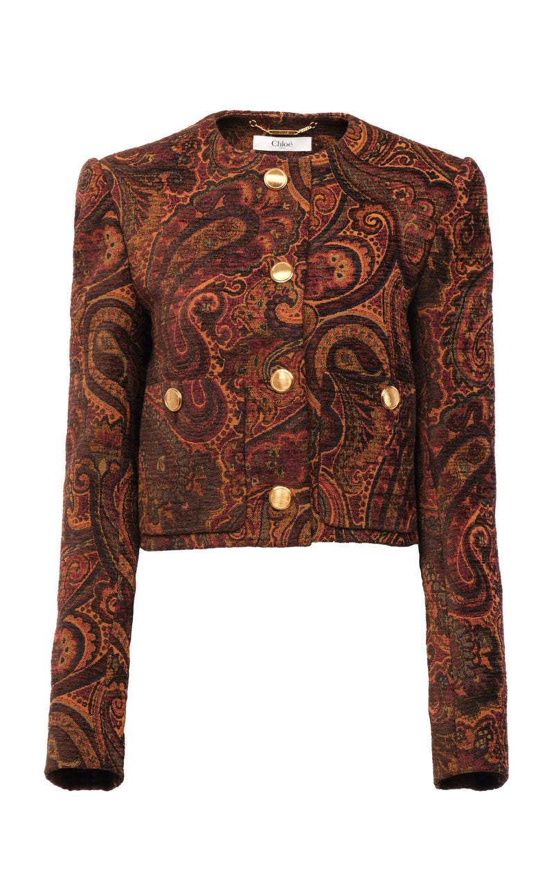 Chloé Red Paisley Jacquard Boxy Fit Jacket with Padded Shoulders