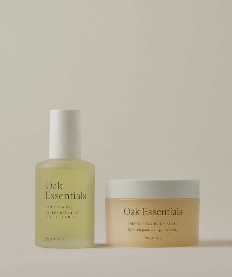 Oak Essentials Lymphatic Massage Set: Hydrating Body Scrub & Dew Oil Duo