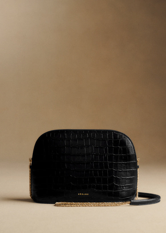 Chic Half-Moon Black Crocodile Embossed Leather Victor Bag Gold Chain Handle