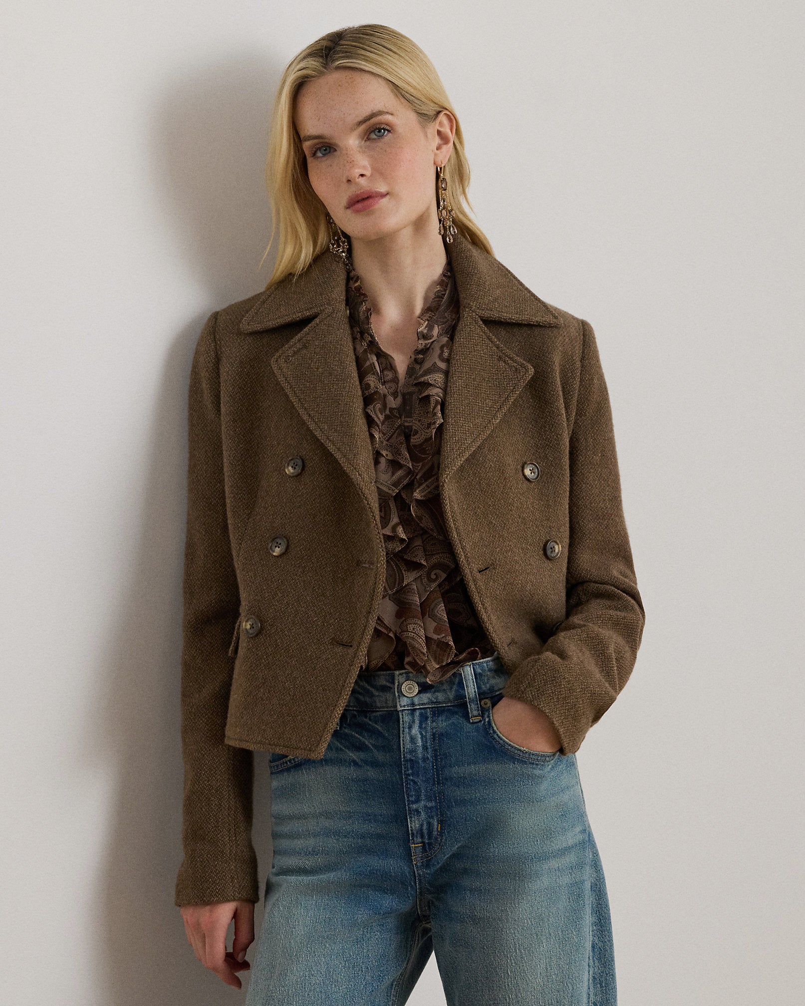 Chic Wool-Blend Herringbone Double-Breasted Coat for Women - Classic Style