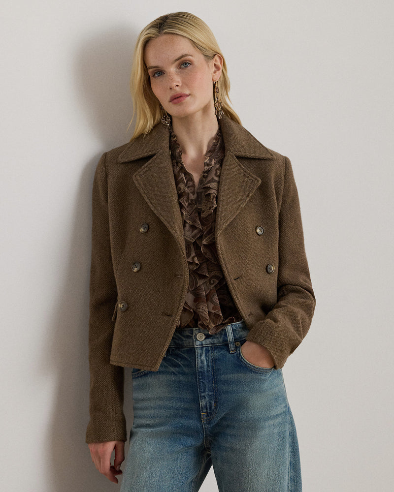 Chic Wool-Blend Herringbone Double-Breasted Coat for Women - Classic Style